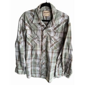 Wrangler Western Fashion Pearl Snap Mens 3X Green Brown Plaid Long Sleeve Shirt